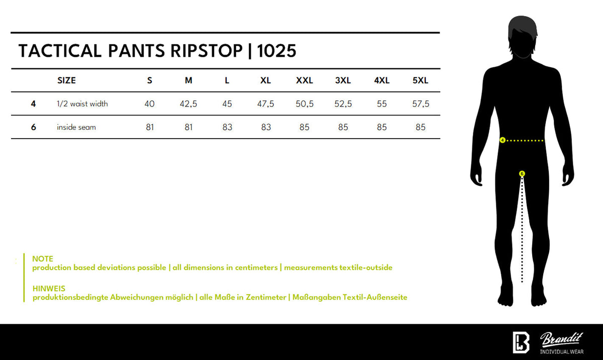 Veľkostná tabuľka Tactical Pants Ripstop