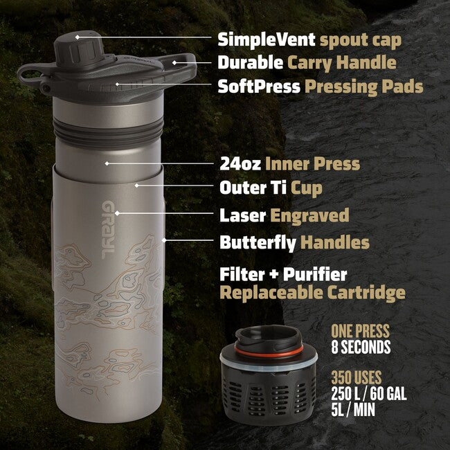 GRAYL GeoPress™ Purifier szűrő palack Titanium + Cook Lid, Olive Drab