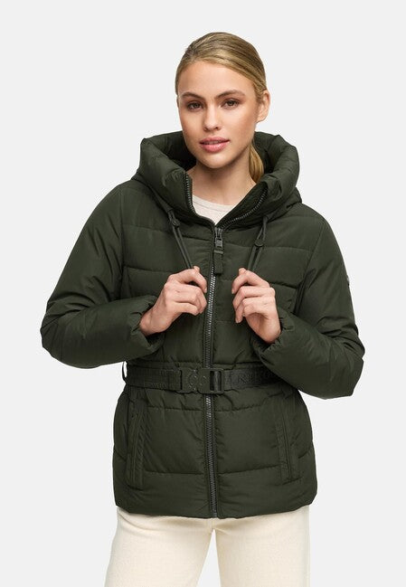 Marikoo HIMEE 16 női téli kabát magas gallérral és övvel, dark olive