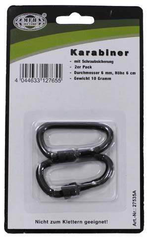 MFH karabiner biztosítóval, fekete, 60x6mm, 2db