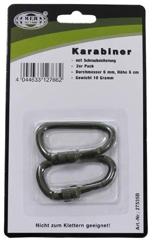 MFH karabiner biztosítóval, olívazöld, 60x6mm, 2db