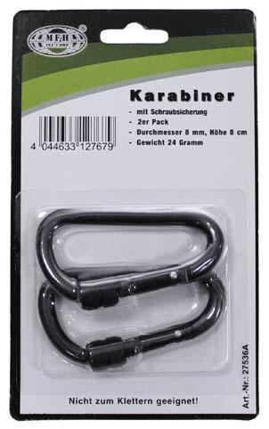 MFH karabiner biztosítóval, fekete, 80x8mm, 2db
