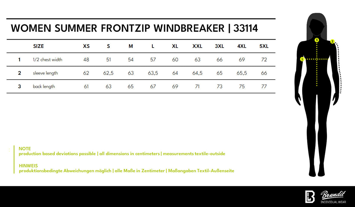 Veľkostná tabuľka Women Summer Frontzip Windbreaker