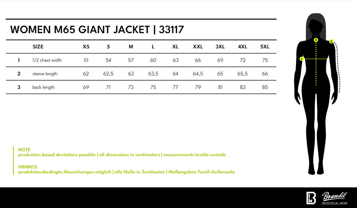 Veľkostná tabuľka Women M65 Giant Jacket