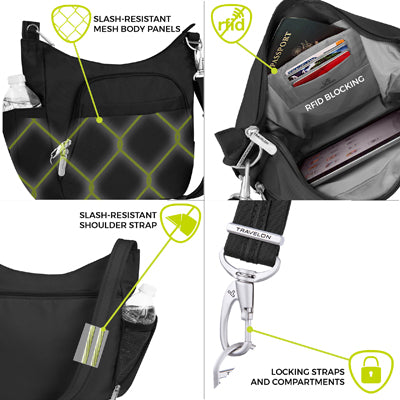 Travelon Classic Lady válltáska lopásbiztos Crossbody, fekete