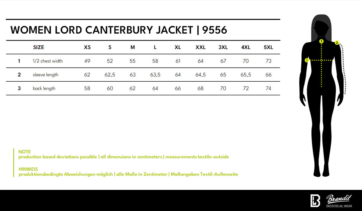 Veľkostná tabuľka Women Lord Canterbury Jacket
