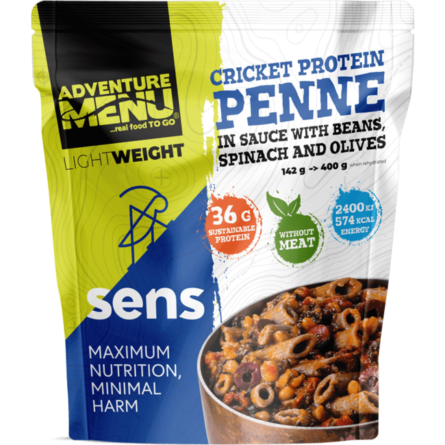 Adventure menu SENS Tücsök penne fehérjével szósszal babbal, spenóttal és olivával, 400g