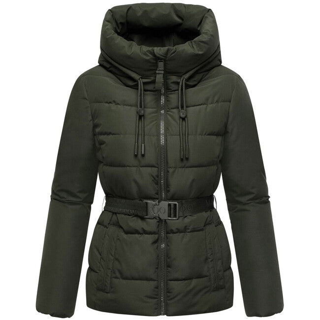 Marikoo HIMEE 16 női téli kabát magas gallérral és övvel, dark olive