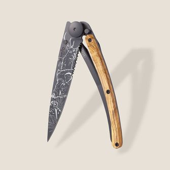 Deejo összecsukható kés Tatto Serration olive wood Hunting Scene