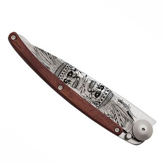 Deejo összecsukható kés Tattoo inidan skull coral wood