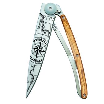 Deejo összecsukható kés Tattoo olive wood Terra incognita