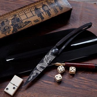 Deejo összecsukható kés Black tattoo ebony wood Japanese Dragon