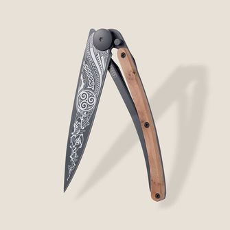 Deejo összecsukható kés Tattoo Black juniper wood Celtic