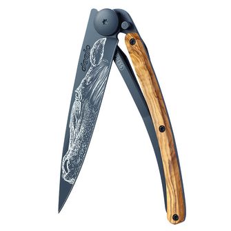 Deejo összecsukható kés Black tattoo olive wood warmblood