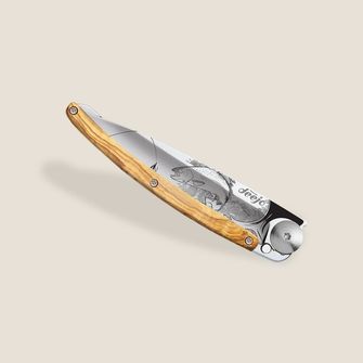Deejo összecsukható kés Tattoo Mirror olive wood Trout
