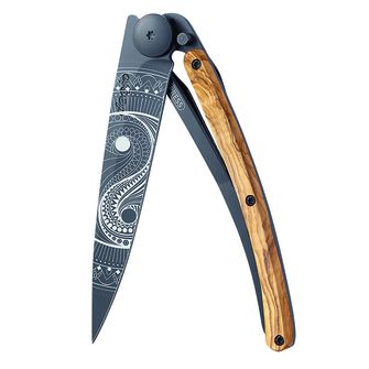 Deejo összecsukható kés Tattoo Black olive wood Yin Yang