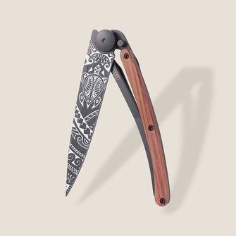 Deejo összecsukható kés Black tattoo coralwood polynesian