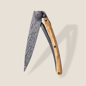 Deejo összecsukható kés Black tattoo olive wood pacific