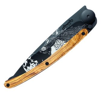 Deejo összecsukható kés Black tattoo olive wood howling