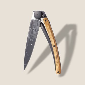 Deejo összecsukható kés Tattoo Black olive wood Trout