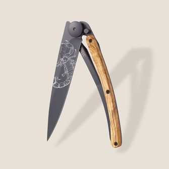 Deejo összecsukható kés Tattoo Black olive wood Scorpio
