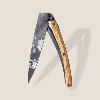 Deejo összecsukható kés Black tattoo olive wood howling