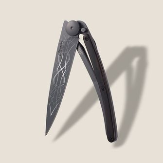 Deejo összecsukható kés Tattoo Black ebony wood Infinity