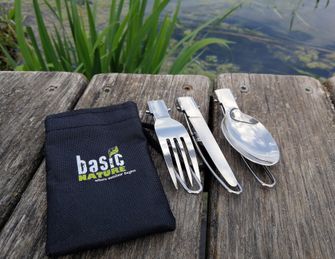 BasicNature MiniTrek rozsdamentes acélból készült összecsukható evőeszközkészlet nejlon táskával