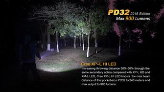 LED zseblámpa Fenix PD32 XP-L 900lumen fényerősség sötétben 