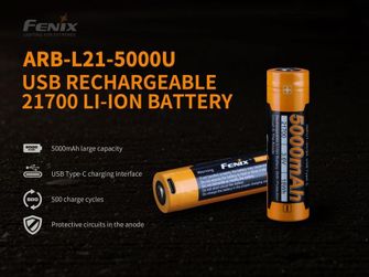 Újratölthető Fenix elem 21700 5000 mAh Li-ion USB-C
