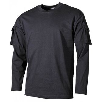 MFH US fekete hosszú ujjú trikó velcro zsebekkel a karokon, 170g/m2